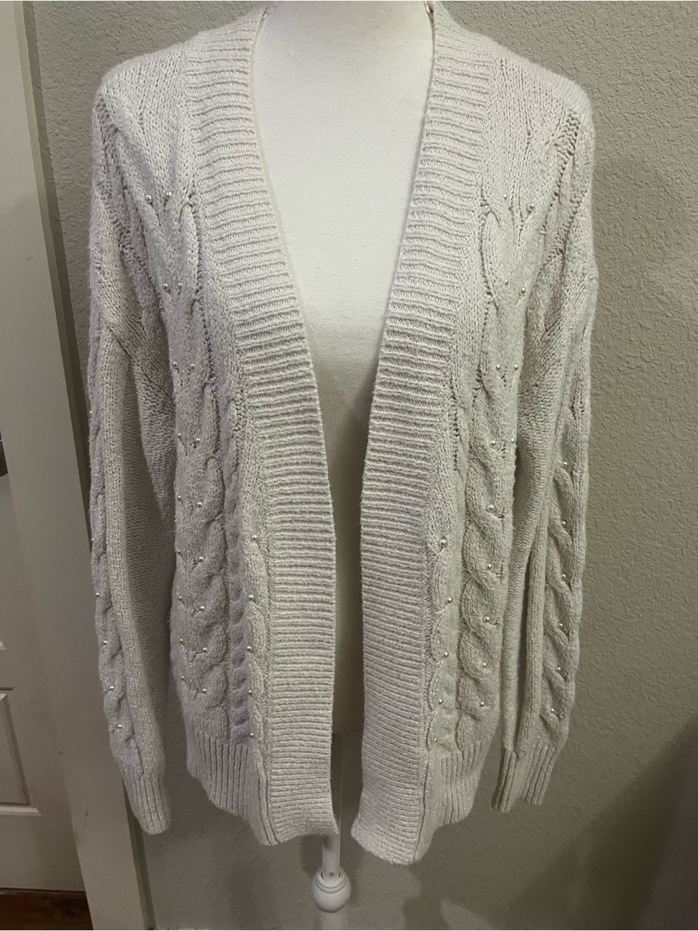 Cato Cream Beaded Cable Knit Open Cardigan